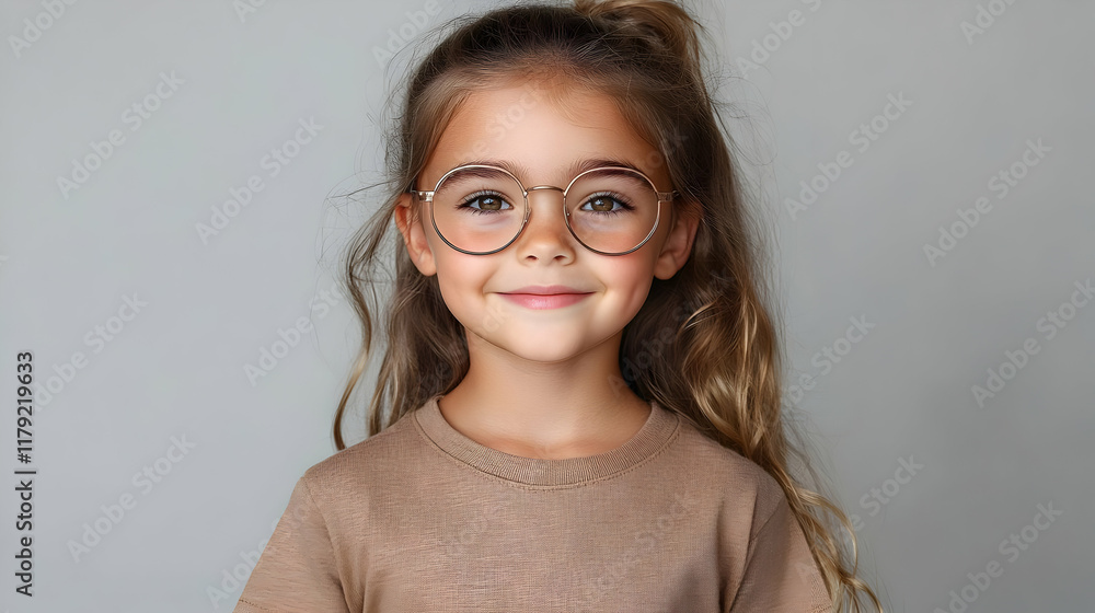 Smiling Young Girl with Glasses and Long Hair Poses Confidently Against ...