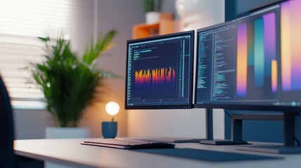 a modern workspace featuring dual monitors displaying data visualizations and programming code.
