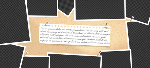 Wall Mural - photo frame collage with note paper and board design. vintage wall background for album or poster pr
