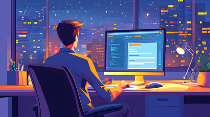 Man Works on Computer Code at Night with City View