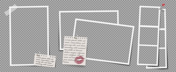 Wall Mural - photo frame collage with paper note and kiss. transparent vector blank template with white border, i