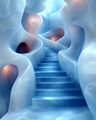 Blue, surreal staircase in a cave.