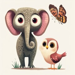 Wall Mural - Adorable Cartoon Elephant Owl Butterfly Illustration