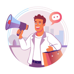 Wall Mural - A flat illustration of a character making an announcement with a loudspeaker

