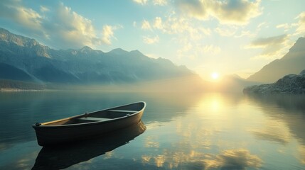 Naklejka na meble Serene sunrise over calm lake with small rowboat.
