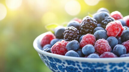 Canvas Print - Colorful assortment of strawberries, blueberries, and raspberries arranged in a bowl, illuminated by warm sunlight in a sunny garden