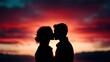 © Mad Unicorn - A romantic silhouette of a couple kissing against a vibrant sunset, capturing a moment of intimacy and love love, valentine day.