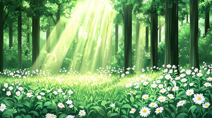 Wall Mural - Sunlight streams through forest glade, flowers, idyllic scene.