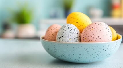 Sticker - Colorful Easter eggs fill a bowl on a bright kitchen table, capturing the essence of festive spring decoration and joyful celebrations