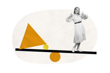 Wall Mural - creative collage picture mature cheerful woman showing thumb up geometry figures triangle scale bala