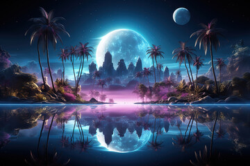 Wall Mural - Incredible Beautiful landscape of the lake at sunset,3d render