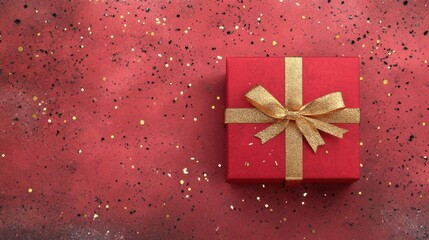 Wall Mural - A visually striking red gift box sits elegantly on a shimmering surface, decorated by a dazzling golden bow, ideal for holiday celebrations