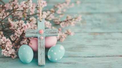 Sticker - An Easter cross is placed next to pastel-colored eggs and delicate flowers on a rustic wooden surface, celebrating the spring season