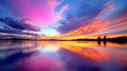 Wall Mural - vibrant hues of orange, pink, and purple fill the sky above a tranquil lake at sunset, reflecting be