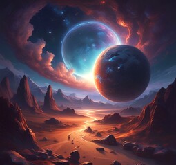 Illustration of outer planet with starry galaxy.