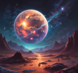 Illustration of outer planet with starry galaxy.