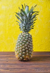 Wall Mural - Whole juicy ripe pineapple on brown wooden background with yellow background. Exotic fruits. Ingredients for cooking or healthy snacks.