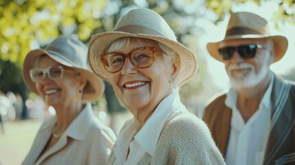 Wall Mural - Group of happy elderly people bonding outdoors at the park - Old people in the age of 60, 70, 80 having fun and spending time together, concepts about elderly, seniority and wellness aging