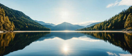 Wall Mural - A serene landscape featuring a calm lake reflecting mountains and blue skies, surrounded by lush greenery.