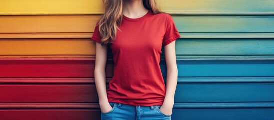 Wall Mural - Cute preppy fashion girl wearing a red blank t-shirt standing against a colorful gradient background with empty copyspace for design and text.