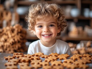 Smiling young boy with curly hair preparing festive gingerbread cookies on wooden kitchen table surrounded by holiday decor in warm tones