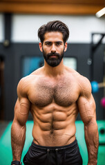 Wall Mural - a muscular man standing shirtless in a gym setting. He has a well-defined upper body with well-toned muscles and a neatly groomed beard.