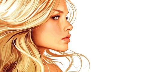 Wall Mural - Elegant profile of young woman with long flowing blonde hair against minimal white background creating ample space for text or graphics.