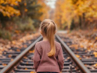 Wall Mural - Girl in pink sweater walking on railroad tracks surrounded by vibrant autumn foliage in warm orange and yellow hues with large empty copyspace