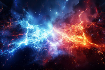 Beautiful Powerful colored lightnings and the flash from the collision