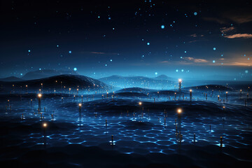 Wall Mural - Superb Abstract digital landscape with particles dots and stars on horizon