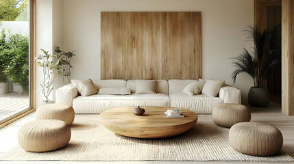 Wall Mural - Beige sofa with round wooden coffee table sits in a brightly lit living room, creating a warm and inviting atmosphere.