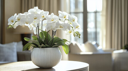 Poster - Elegant white orchids in sleek vase on wooden table