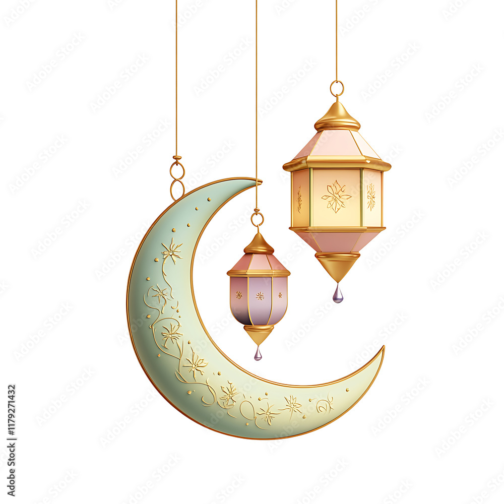 3d render Crescent moon and lantern decorations on transparent ...