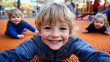 © Siasart - Happy Child Smiles Joyfully at Playground with Friends on a Sunny Day