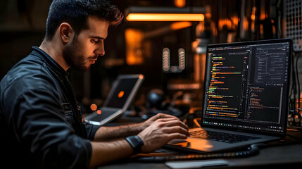 Focused Programmer Works on Code Late at Night with Dual Monitors in a Dark Office Setting.