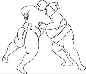 One continuous single drawing line art flat doodle sumo, fight between two sumo wrestlers, sport, religion, betting, japan. Isolated image hand draw contour on a white background, hand drawn, not AI