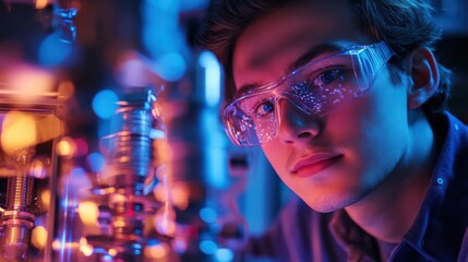 Wall Mural - a young entrepreneur testing quantum computing algorithms in a futuristic tech lab.
