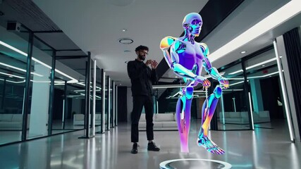 Fototapete - Interactive digital art experience showcasing a holographic model in a modern workspace