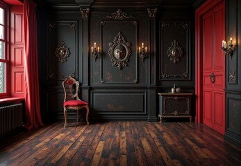 Wall Mural - Classic black and red interior with antique furniture and lit candelabra