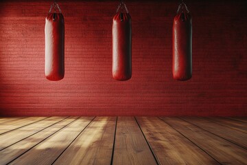 Wall Mural - Wooden floor against red boxing area with punching bags