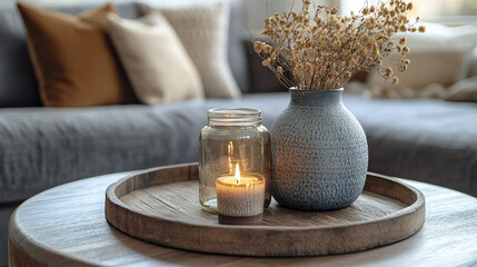 Wall Mural - Rustic wooden tray with candle and vase on cozy living room table