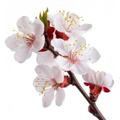 Poster - Delicate apricot blossom branch bearing soft pink flowers, symbolizing spring's gentle awakening against pristine white backdrop