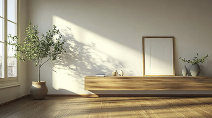 Wall Mural - Wooden cabinet with neutral decor in sunlit living room