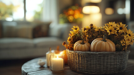 Canvas Print - Cozy autumn living room with pumpkins and candles on rustic table