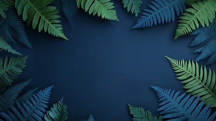 Wall Mural - Green fern leaves bordering dark blue background creating copy space