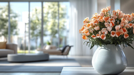 Wall Mural - Elegant living room with modern decor and vibrant flowers in vase