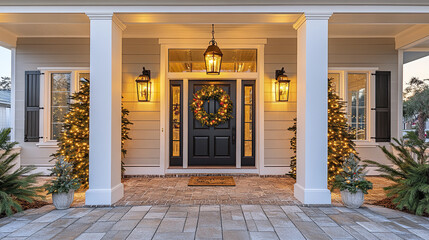 Canvas Print - Elegant front porch with festive wreath and lights