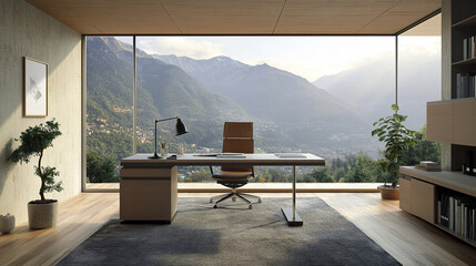 Canvas Print - Minimal modern office with spacious desk and mountain view