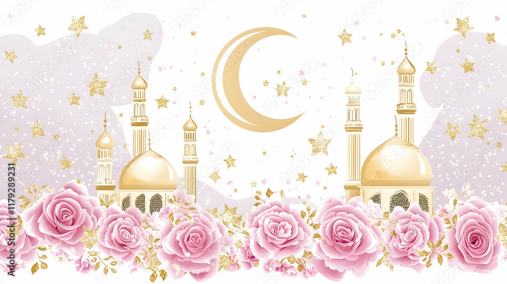 Islamic Rose Pattern Festive Islamic Mosque Rose Border Design, Crescent Moon Stars ...