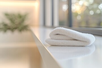 Wall Mural - Soft white towel resting on a clean bathroom counter near a sunlit window in a serene setting. Generative AI